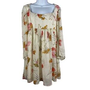 ModCloth Cream Sheer Overlay Floral Babydoll 70’s Style Dress 6